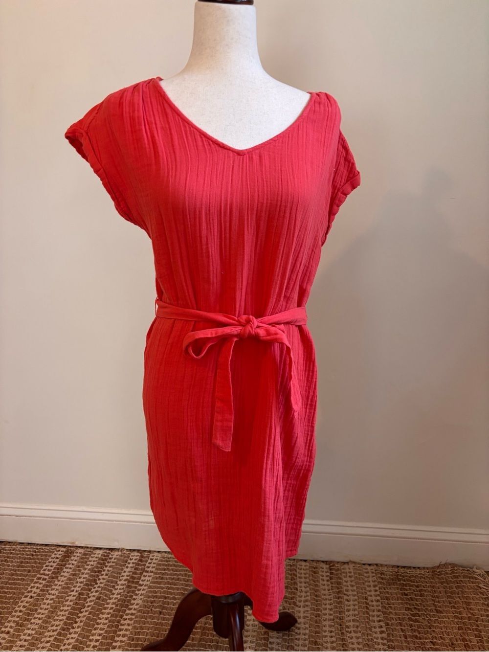 Sonoma Red V-Neck Belted Gauze Dress Cotton